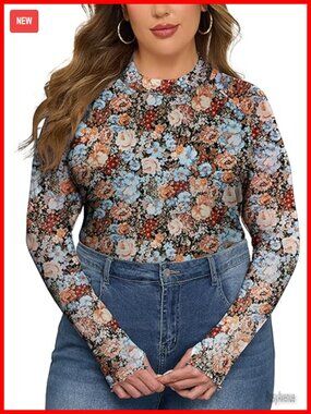 Plus Size Floral Mesh Long Sleeve Mock Neck Sheer Top Slim Fitted Going Out